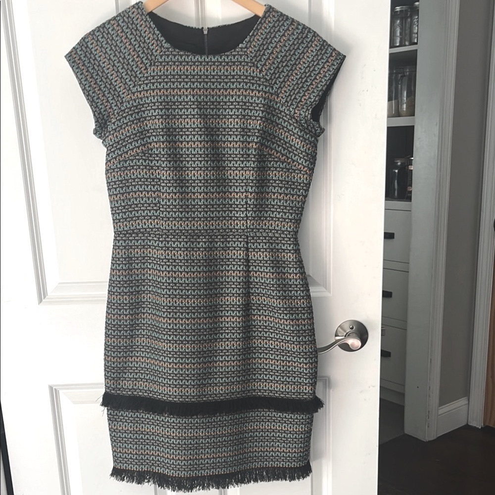 Donna Morgan Sheath Mini Dress black orange turquoise size 4 cap sleeve